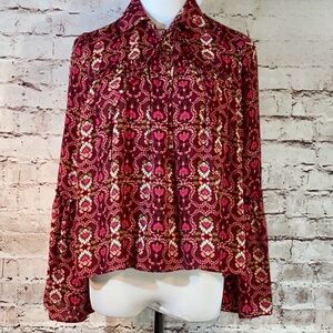 Gianni Bini Burgundy Floral Tie-Neck Blouse
